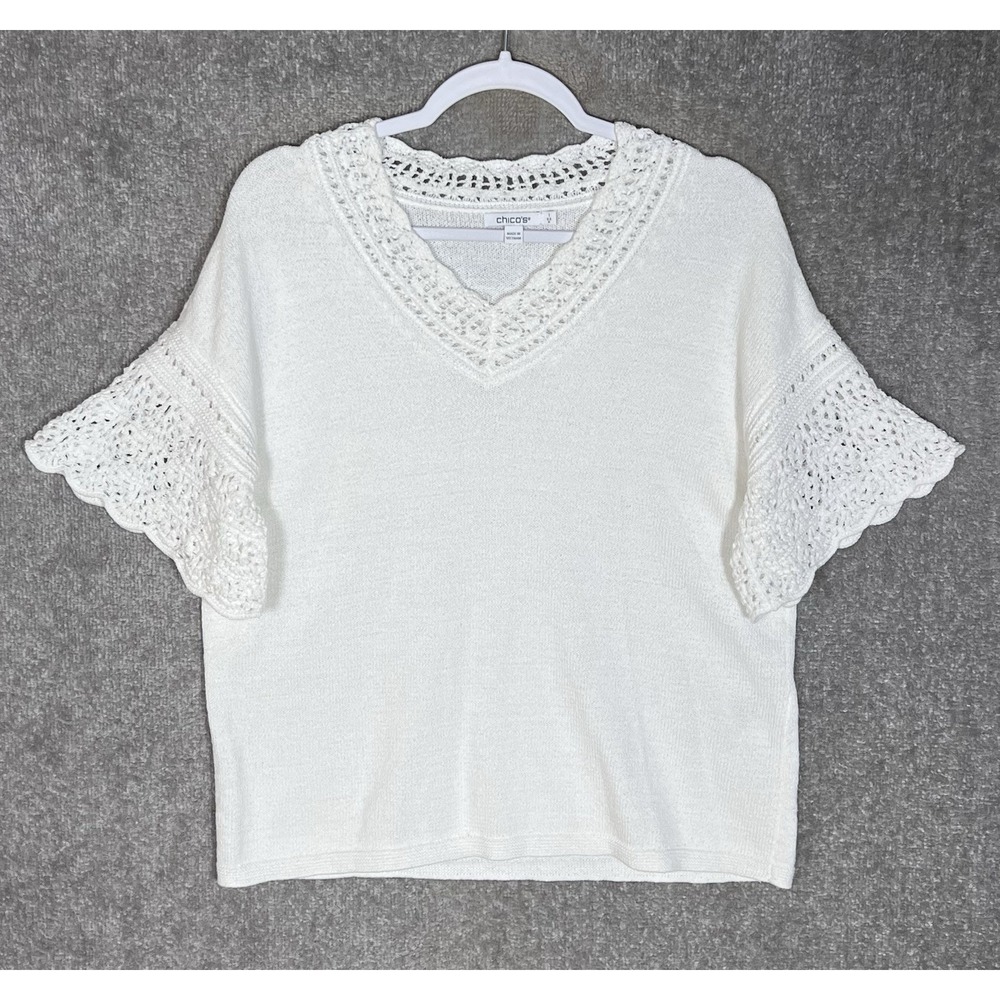 Chicos Crochet Trim Top WomensSz 1 US Size Medium White Knit Vneck Bell Sleeve